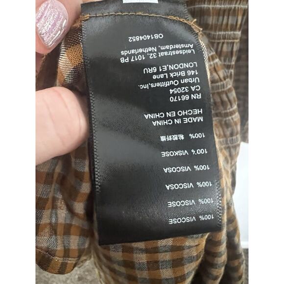 Urban Outfitters Brown Plaid Smocked Balloon Sleeve Tunic Mini Dress Small NWT - Picture 5 of 5